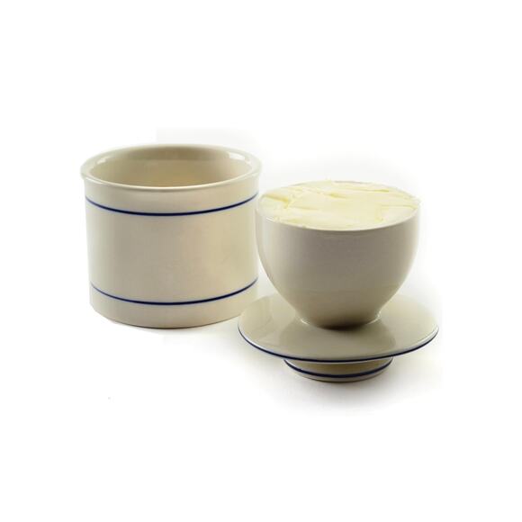 Butter Bell Countertop French Ceramic Dish Keeper White with Blue Trim - Picture 5 of 9